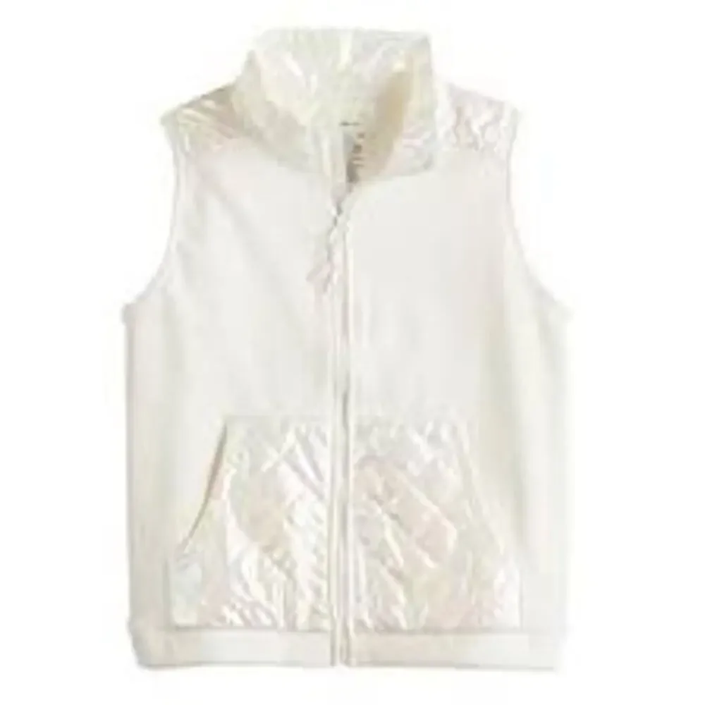 Tek Gear White Mixed Media Quilted Vest‎ Soft Zip Pockets Lightweight Layer NEW